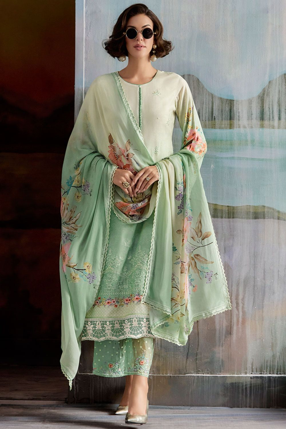 Green Plus Size Embroidered Pure Muslin Salwar Kameez SFYS154906