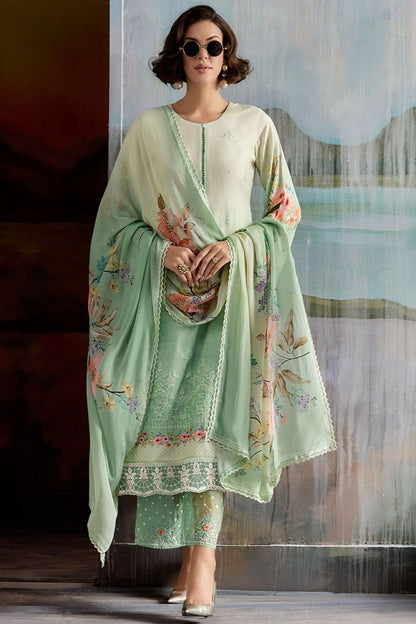 Green Plus Size Embroidered Pure Muslin Salwar Kameez SFYS154906