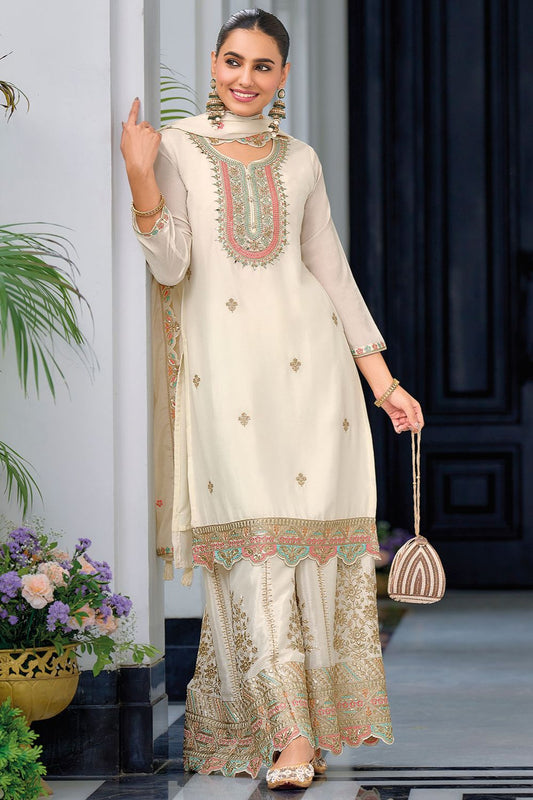 Off White Chic Palazzo Kameez In Chinnon  SFFK22902R