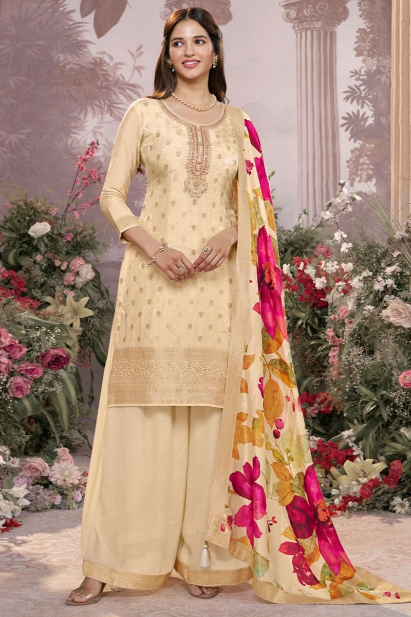 Off White Dola Silk Salwar Kameez - SFVNF2110R