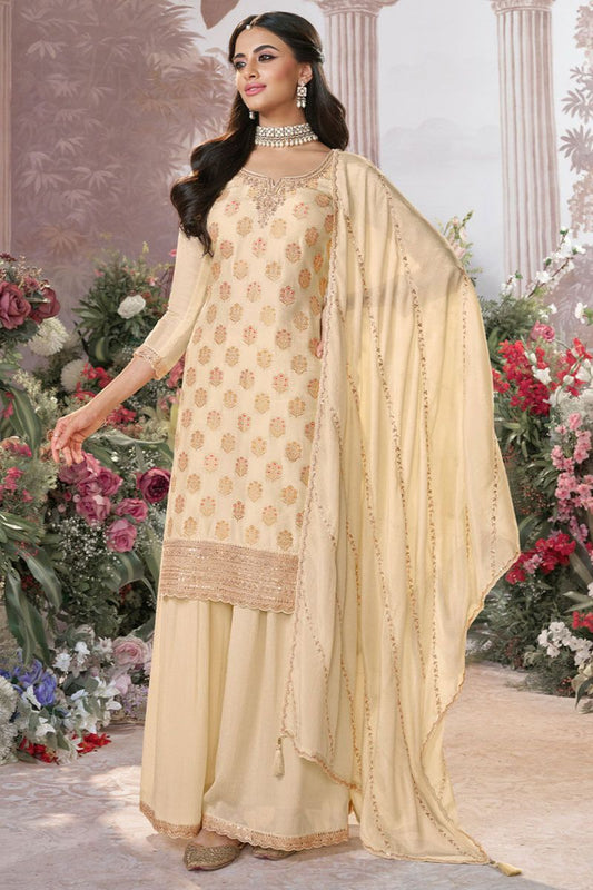 Off White Dola Silk Salwar Kameez - SFVNF2114R