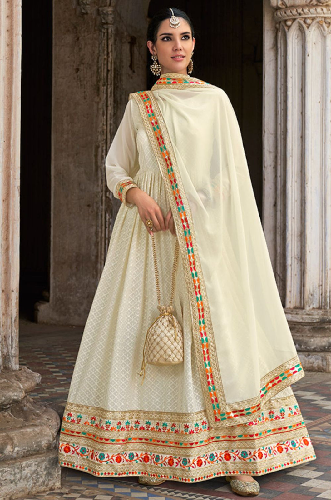 Off White Georgette Long Anarkali Gown Embroidered Lace Work  SFSA332502