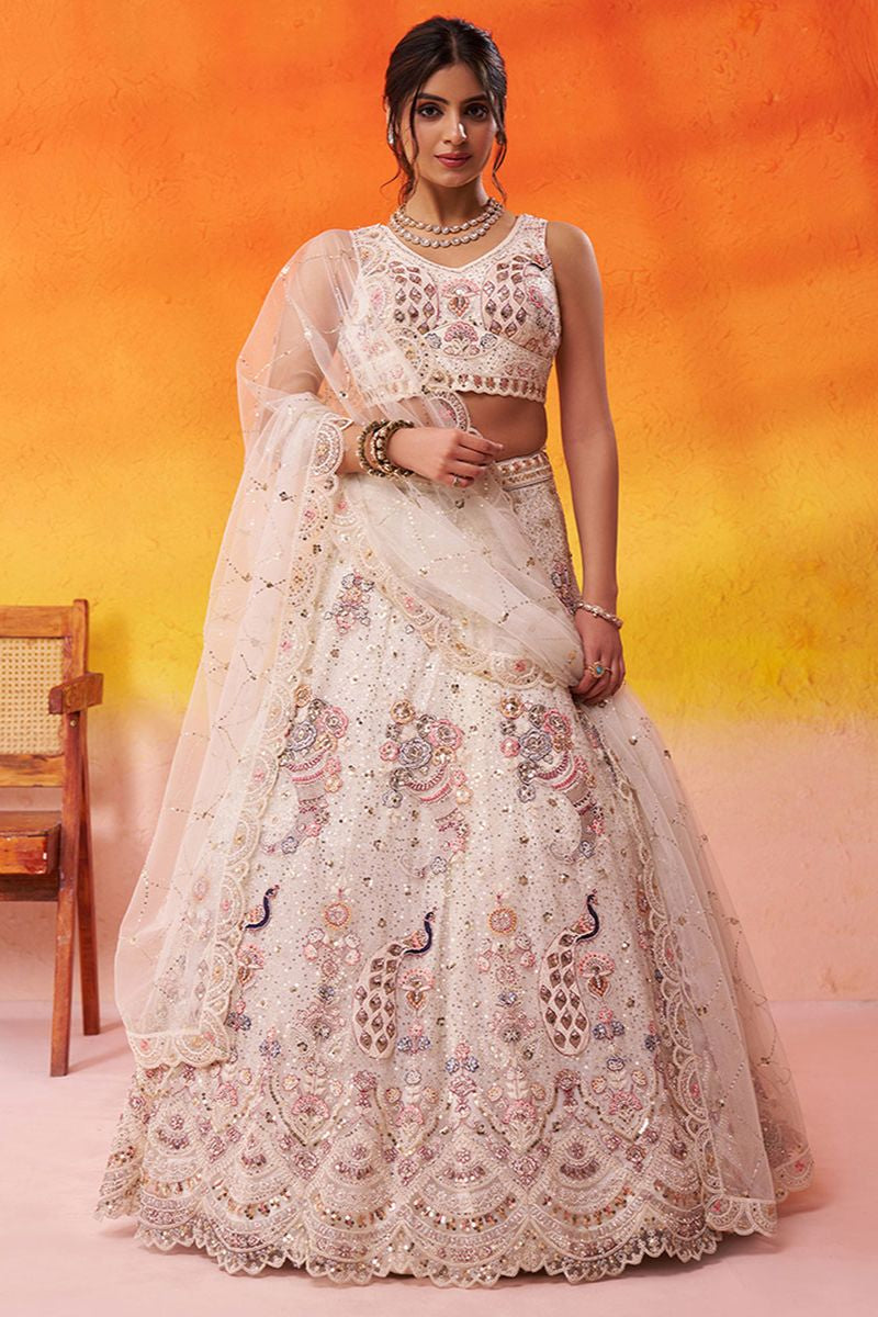 Off White Net Lehenga Choli - SFROY565710