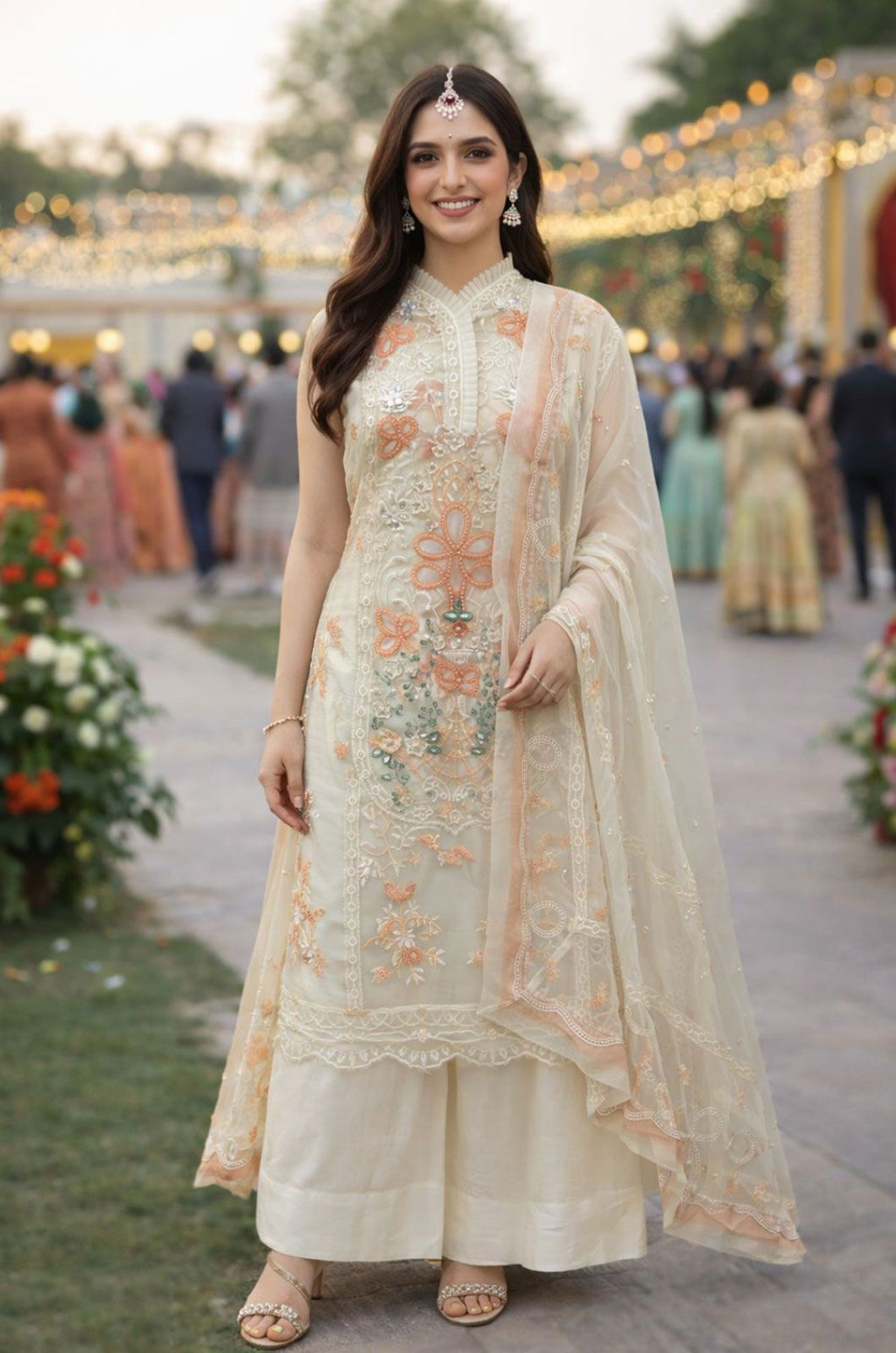 Off White Chiffon Salwar Kameez - SFSA565702R