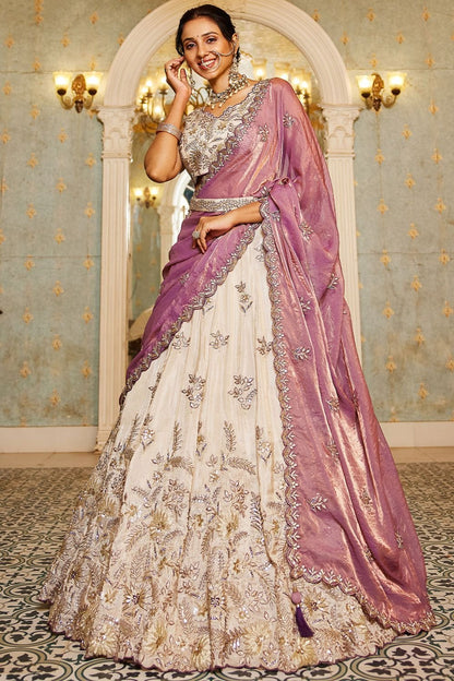 Off White Bridal Reception Party Viscose Silk Lehenga Choli SFSA495202