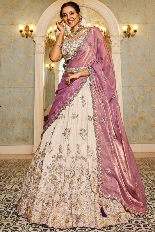 Off White Bridal Reception Party Viscose Silk Lehenga Choli SFSA495202