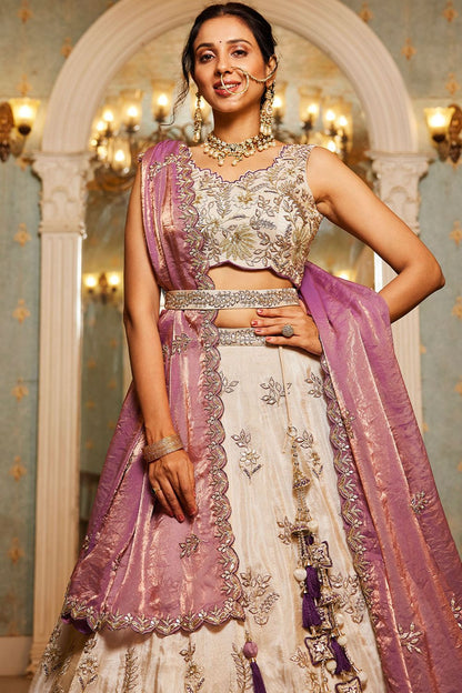 Off White Bridal Reception Party Viscose Silk Lehenga Choli SFSA495202