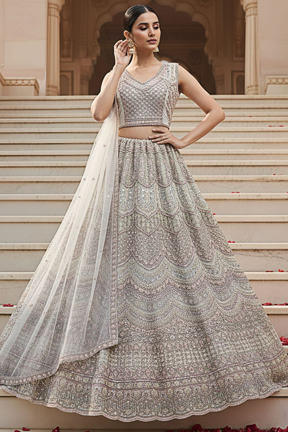 Off White Net Bridal Reception Lehenga Choli SFANJ3204