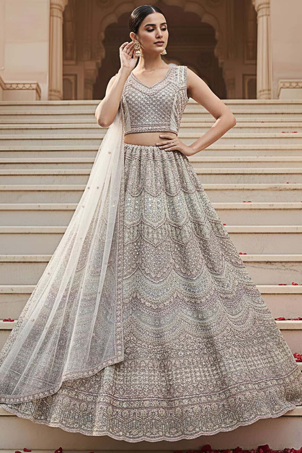 slim fit dress slacks Elegant White Designer Party Gown, Pant & Dupatta Set – Fox Georgette –  ManMohit Fashion main image 1