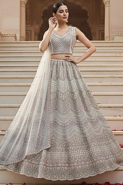 Off White Net Bridal Reception Lehenga Choli SFANJ3204