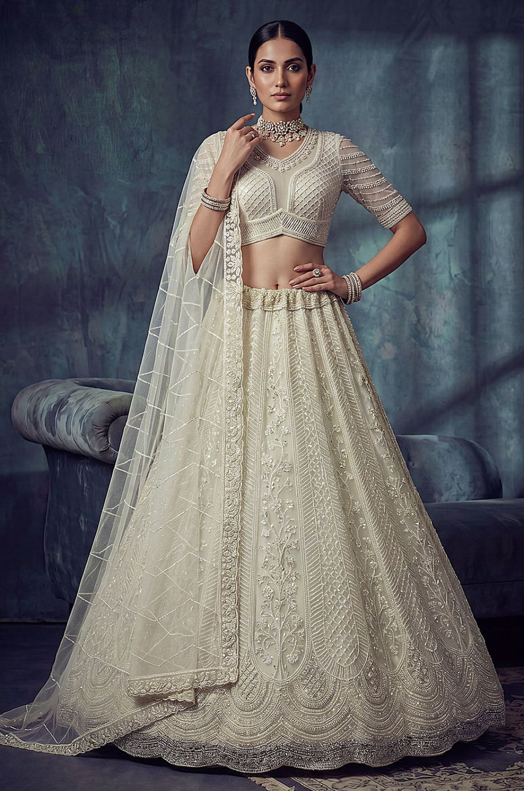 Off White Net Lehenga Choli - SFANJ3426