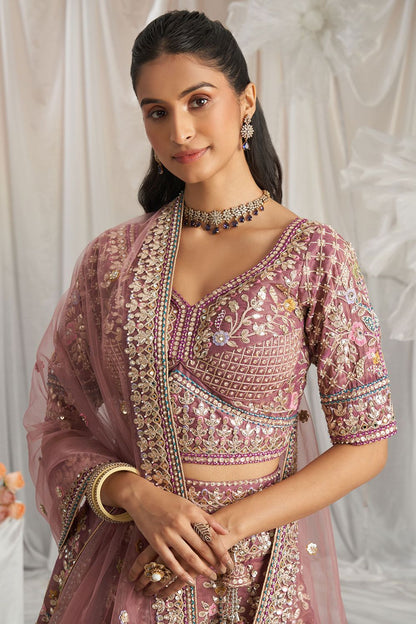 Pink Tissue Bridal Reception Party Lehenga Choli SFSA495301