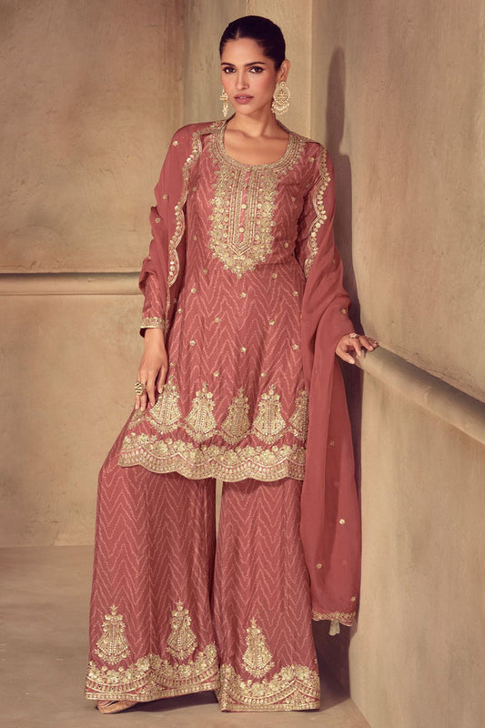 Pink Minimalist Chinnon Palazzo Suit With Zari Embroidery Work SFYS156101R