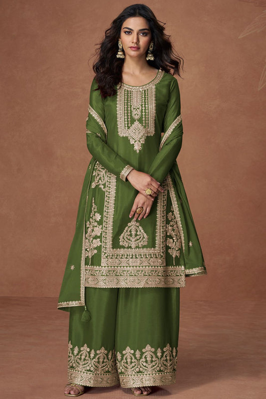 Green Culture-wrapped Chinnon Silk Palazzo Suit  SFYS155902R
