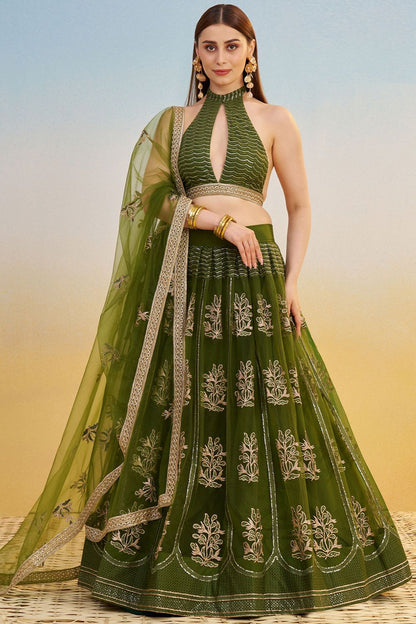 Green Net Lehenga Choli With Thread Sequin  SFSA500804