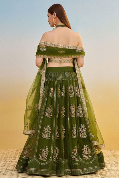 Green Net Lehenga Choli With Thread Sequin  SFSA500804