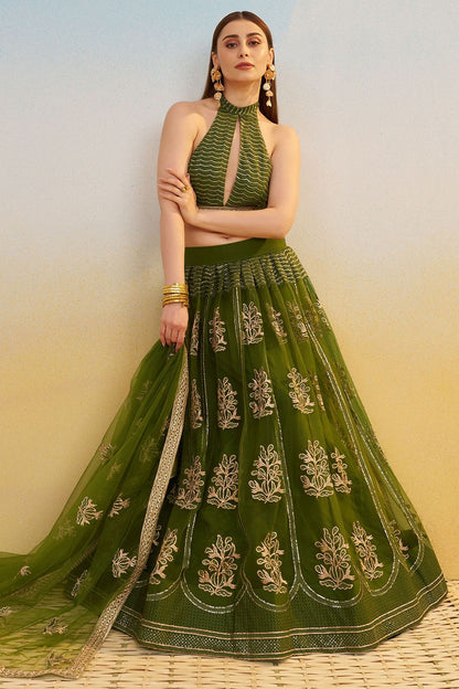 Green Net Lehenga Choli With Thread Sequin  SFSA500804