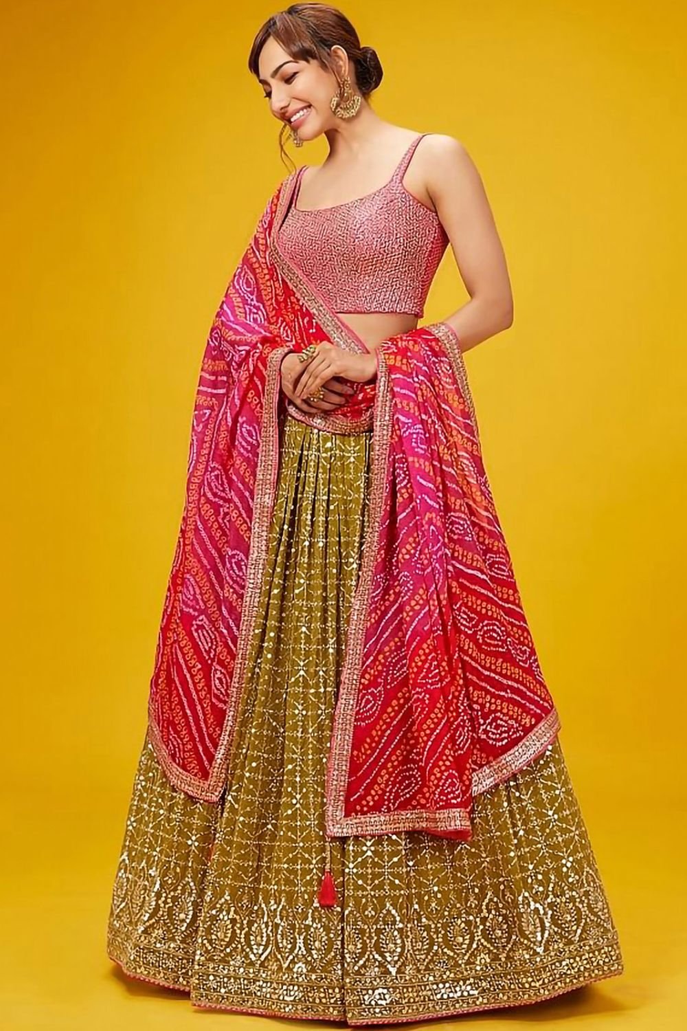 Green Sangeet Georgette Lehenga Choli With Floral Dupatta SFZC4701
