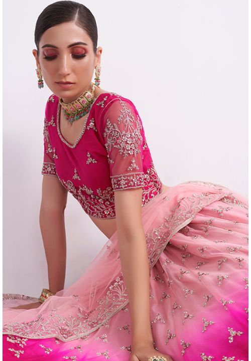 Pink Heavy Indian Wedding Reception Leheng Choli In Net SFSA378300