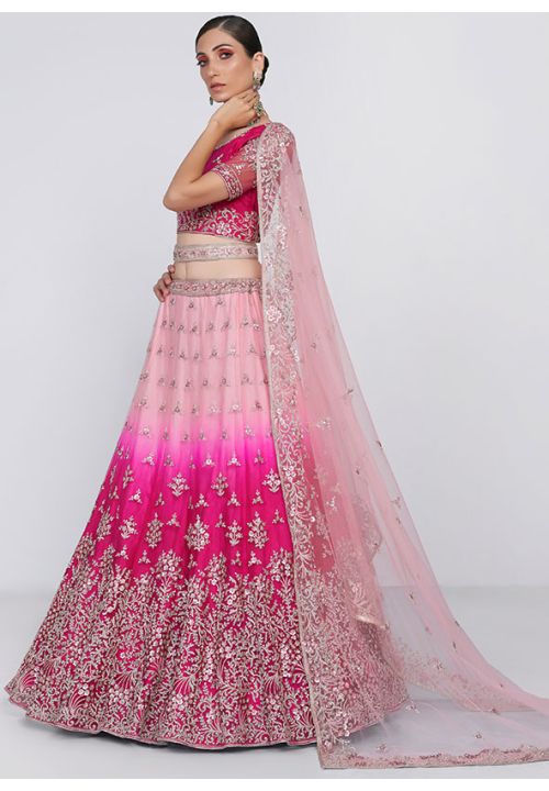 Pink Heavy Indian Wedding Reception Leheng Choli In Net SFSA378300