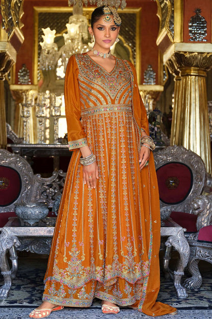 Orange Wedding Sangeet Party Chinnon Salwar Kameez SFFK32301R
