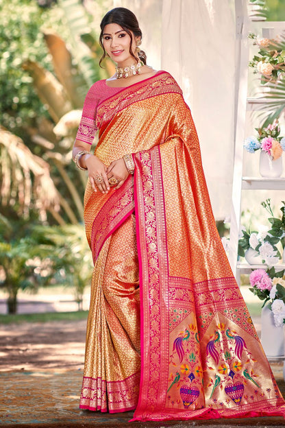 Orange  Haldi Kanjivaram Silk Zari Woven Saree With BlouseSFSGM119103