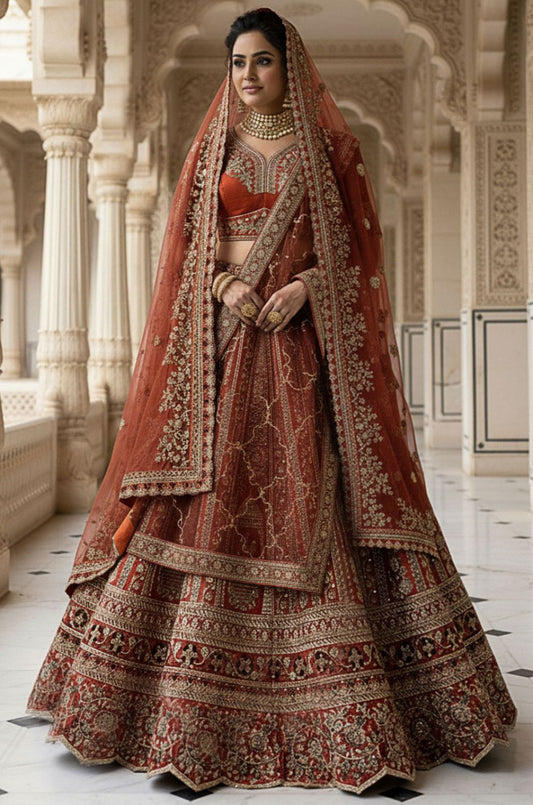 Orange Silk Bridal Lehenga Choli Set SFANJ3172