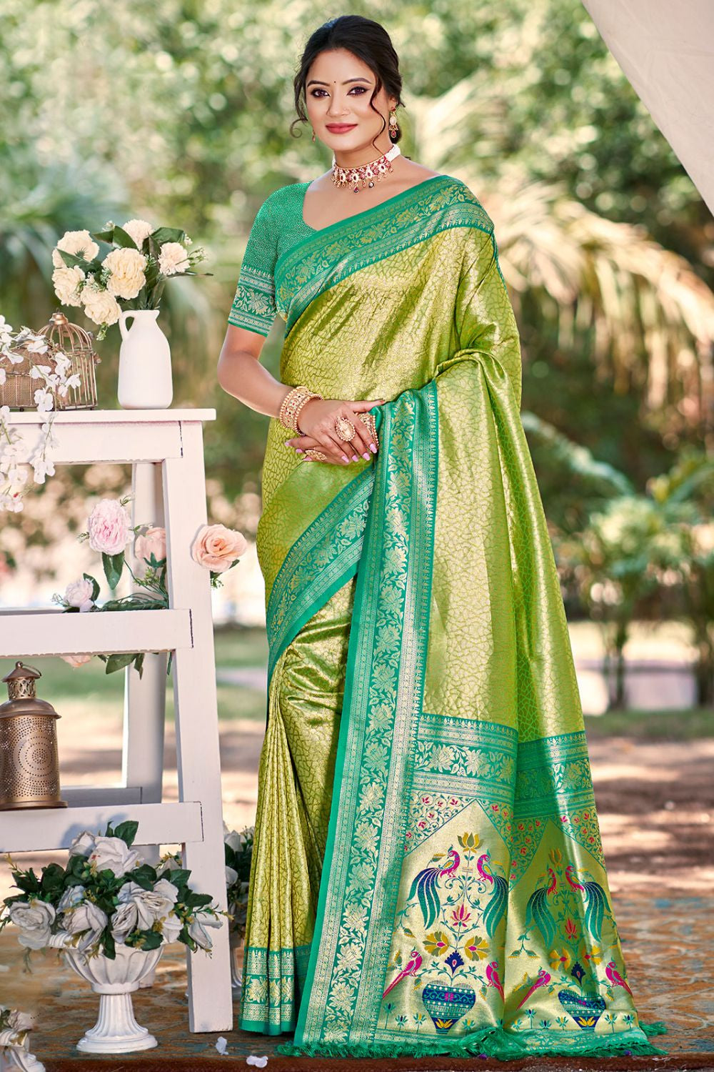 Green  Haldi Kanjivaram Silk Zari Woven Saree With Blouse SFSGM119102