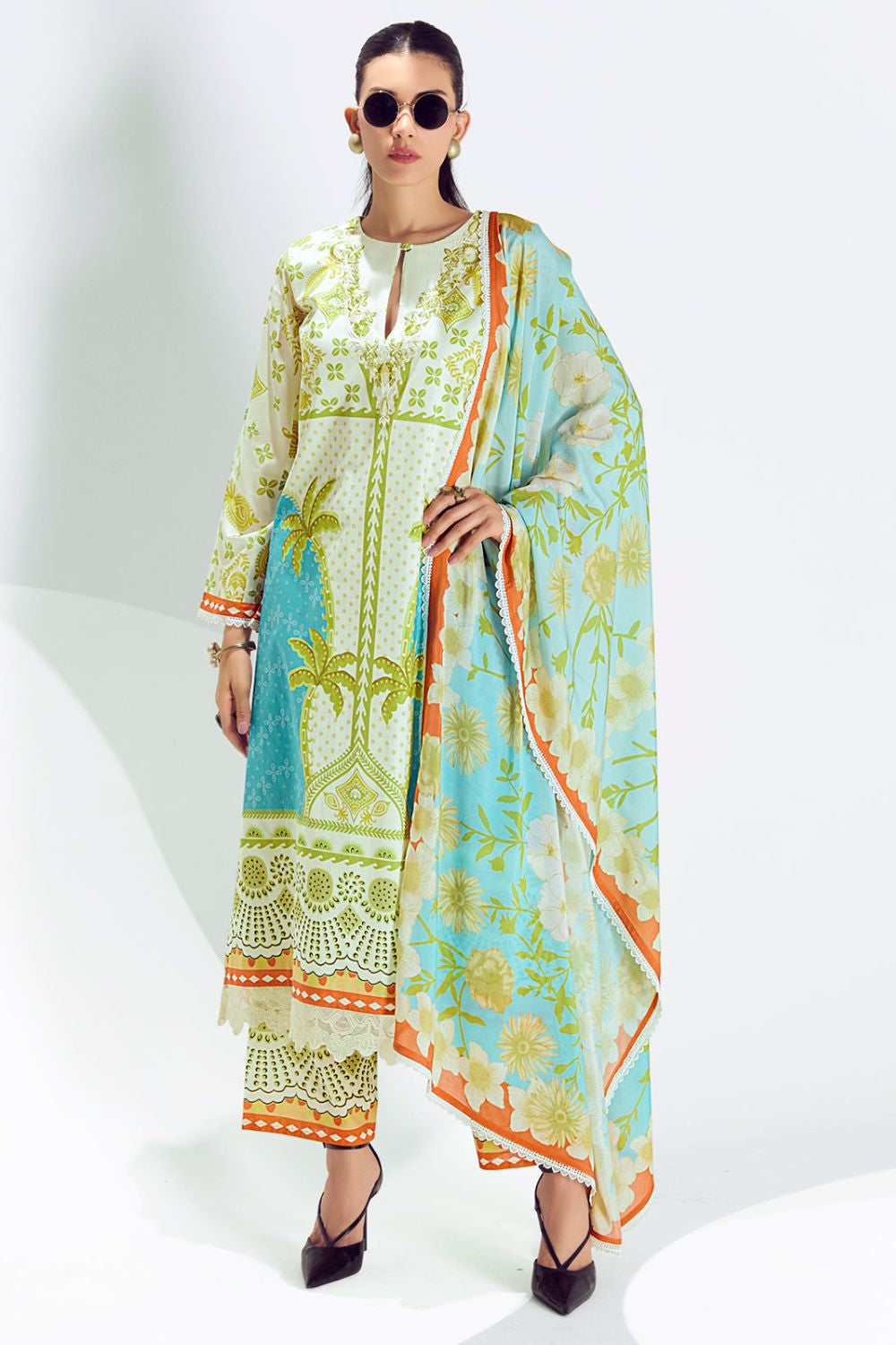 Green Plus Size Pure Cotton Lawn Salwar Kameez SFYS154504