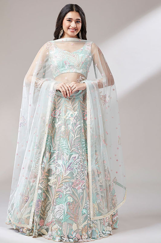 Green Cocktail Evening Net Lehenga Choli SFROY522402
