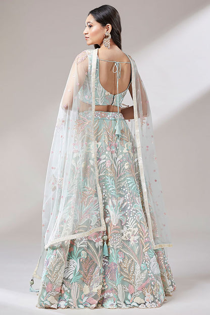 Green Cocktail Evening Net Lehenga Choli SFROY522402