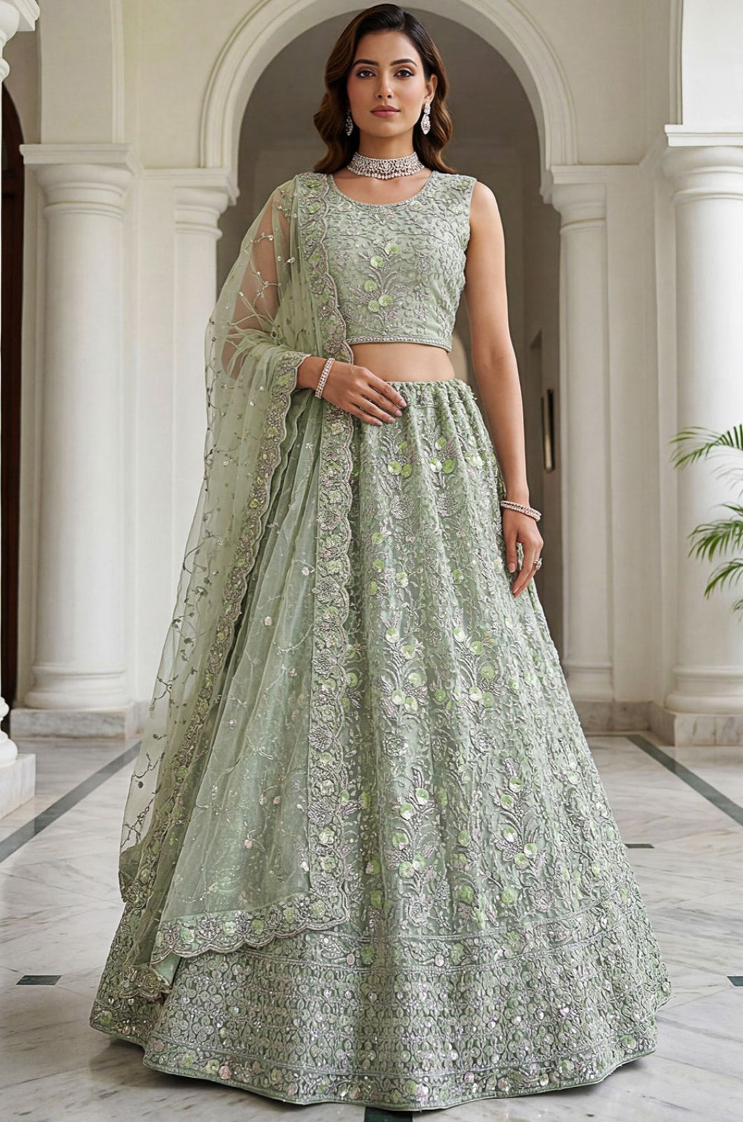 Green Net Lehenga Choli - SFANJ3291