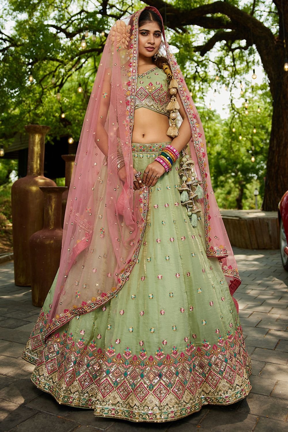Green Wedding Ceremonial Net Tissue Lehenga Choli SFFK30302
