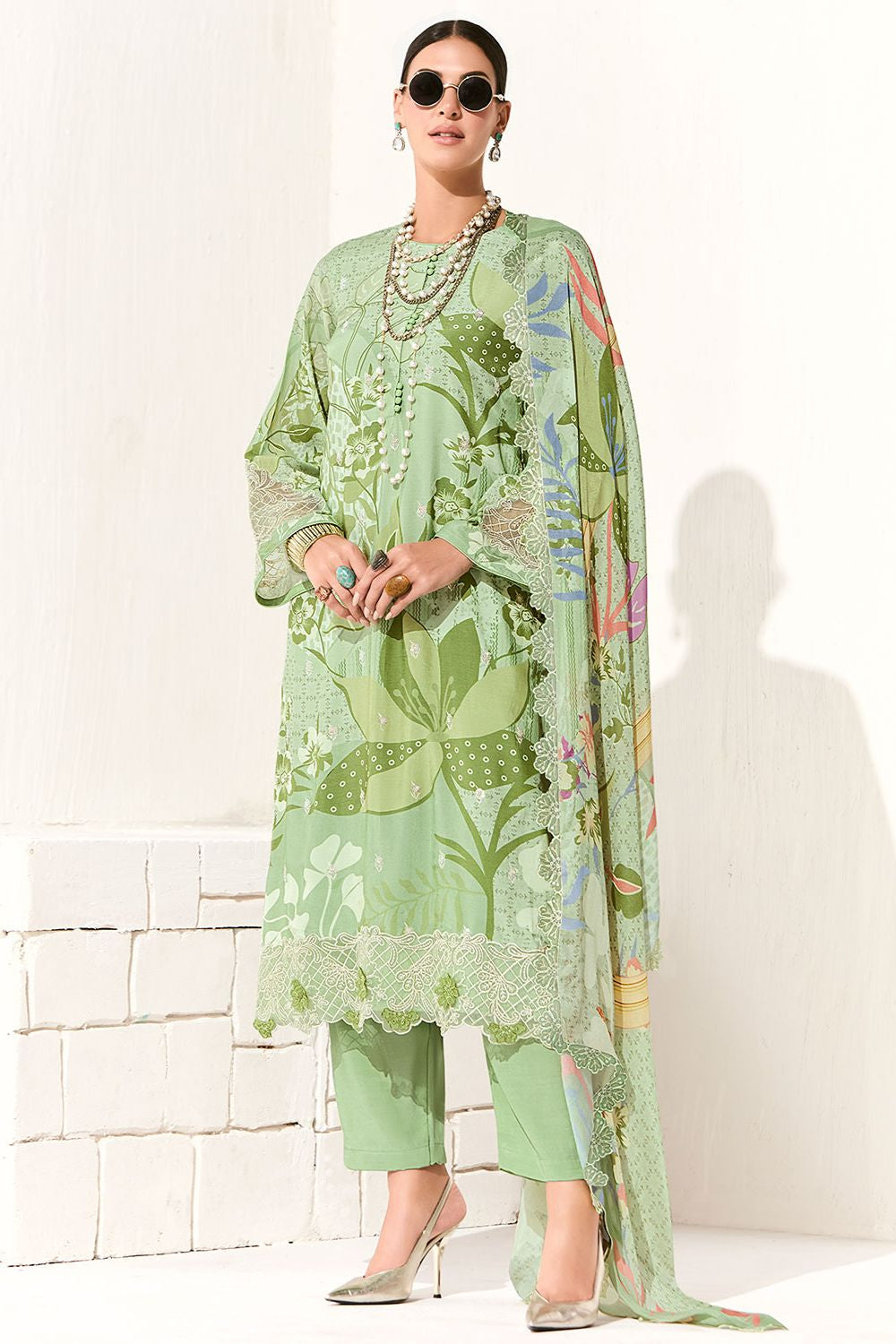 Green Muslin Plus Size Salwar Kameez SFYS157402