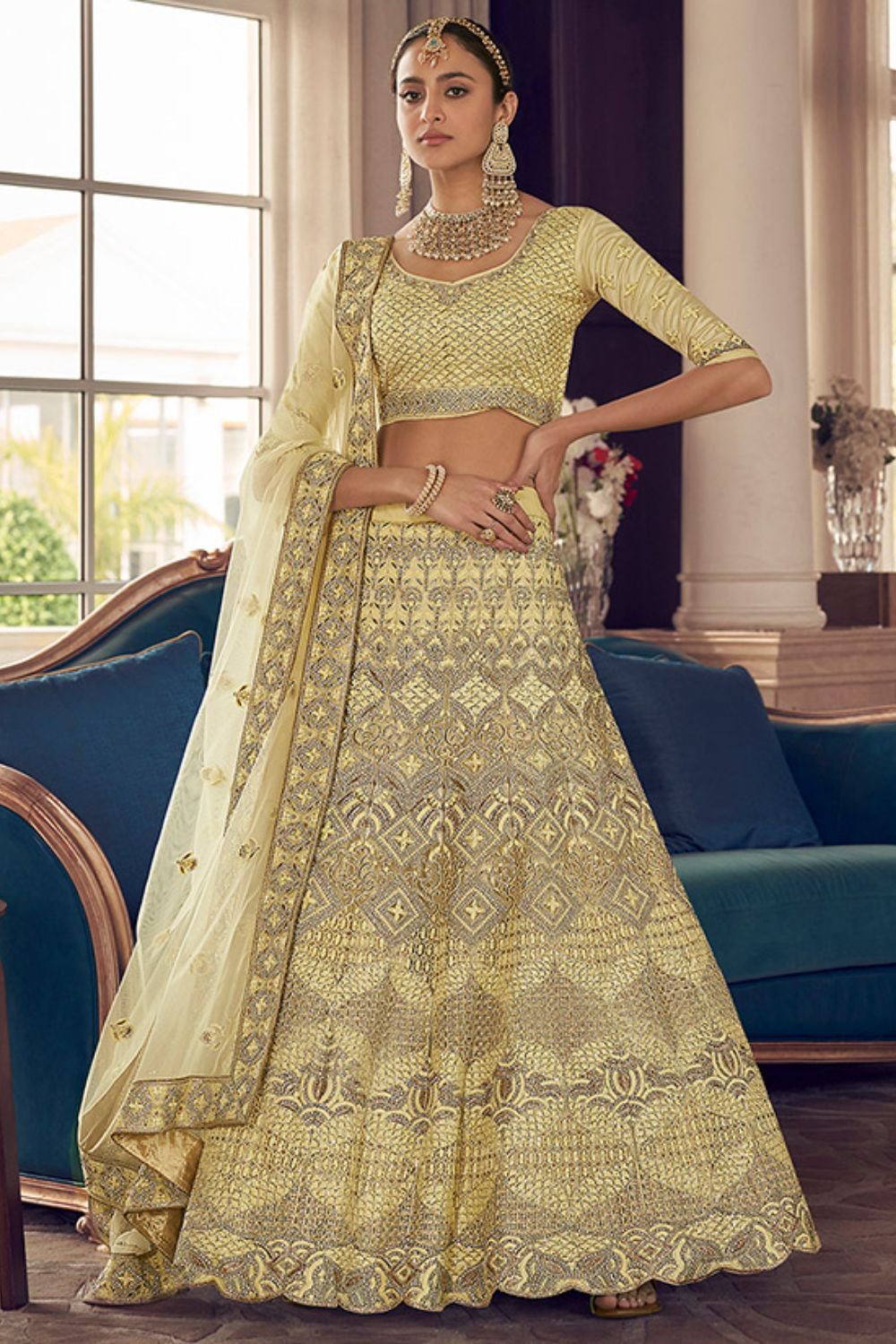 Elite Yellow Bridal Sangeet Crepe Lehenga Choli SFARY11904
