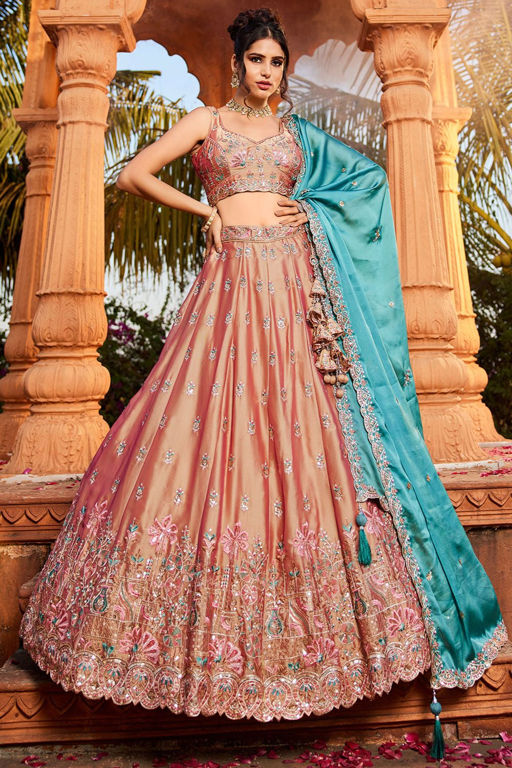 Peach Wedding Ceremonial Lehenga Choli In Georgette SFFK30503