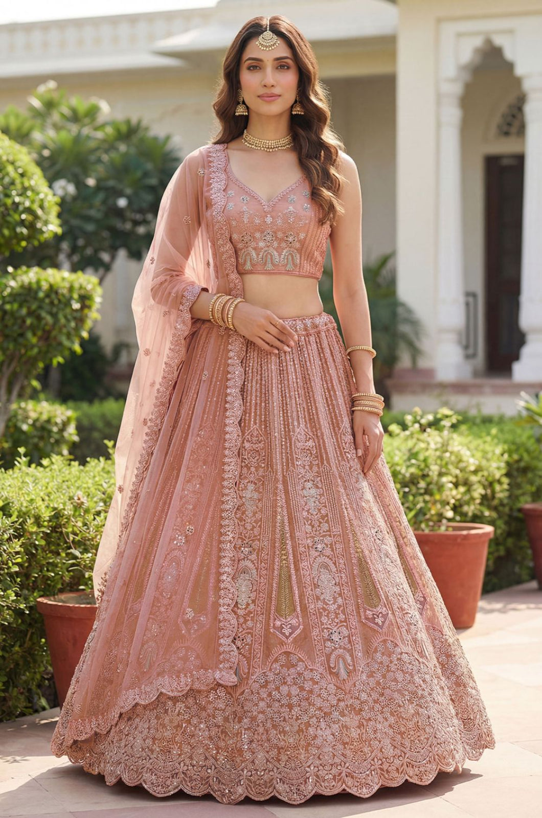 Peach Net Lehenga Choli In Sequin Work SFANJ3240