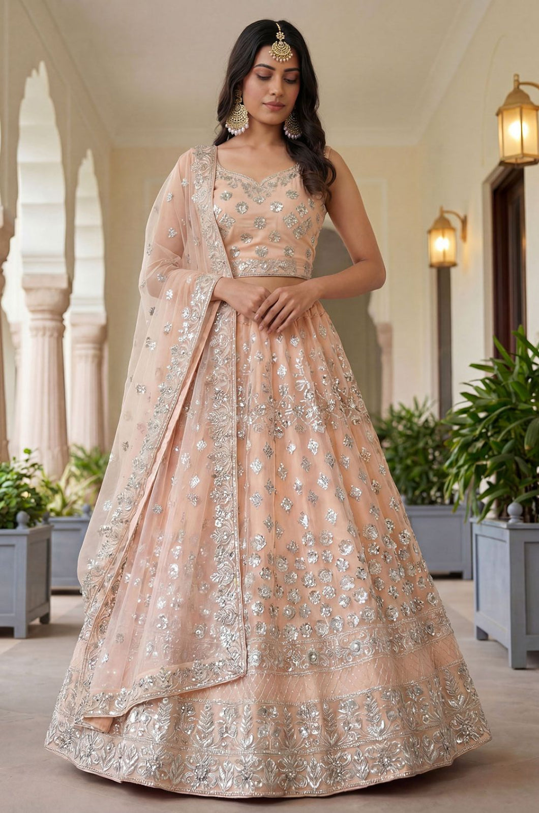 Peach Net Lehenga Choli - SFANJ3277
