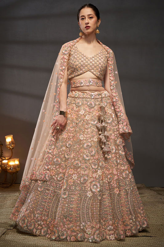 Peach Net Bridal Reception Lehenga Choli SFSA494902