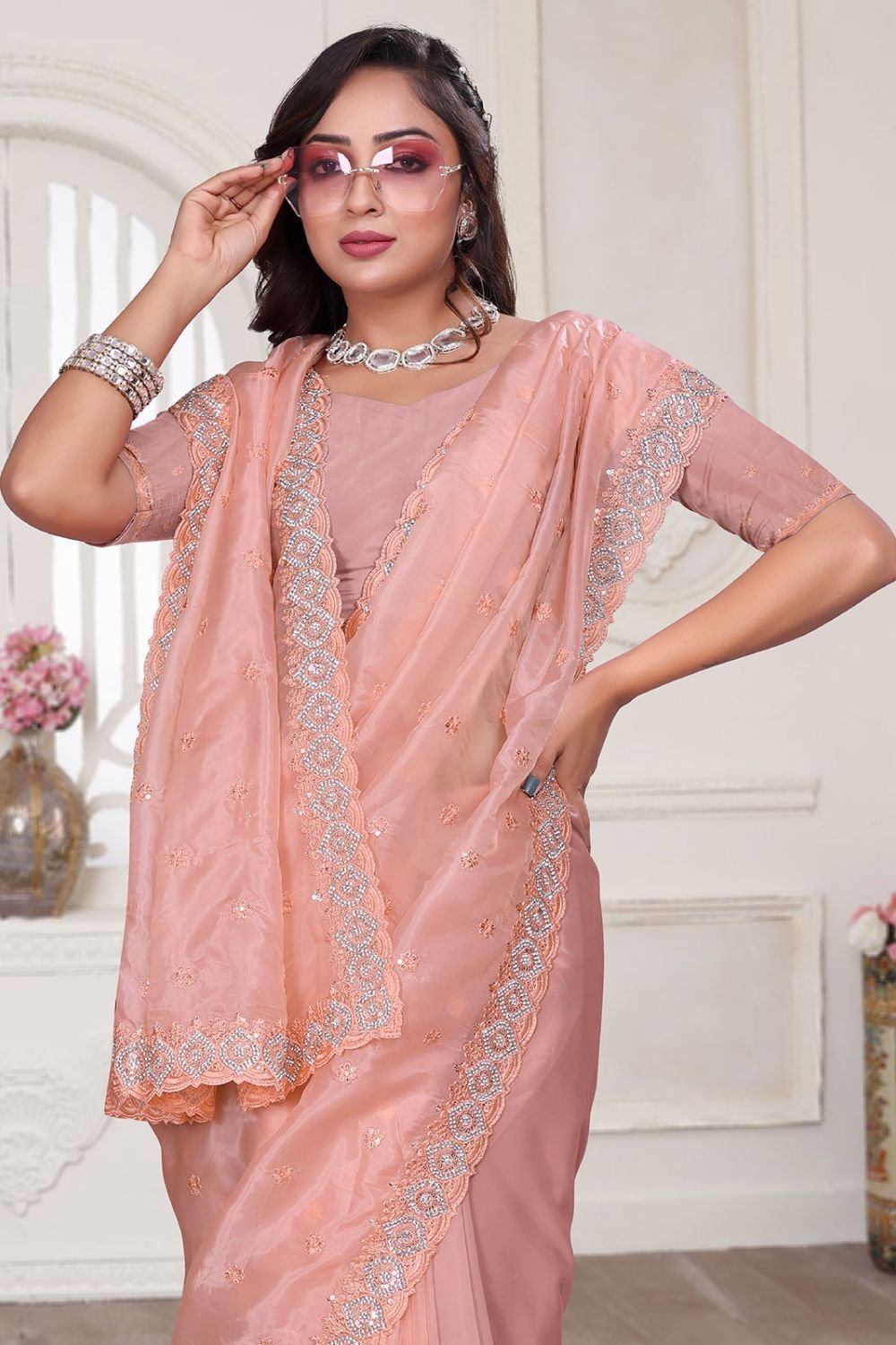 Peach Wedding Reception Cocktail Silk Sarees SFNRF59006