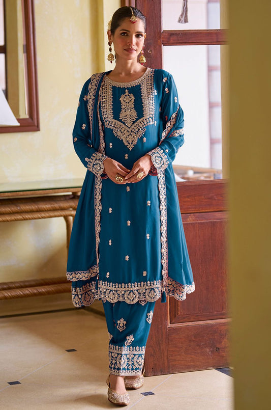 Blue  Chinnon Fabric Party Salwar Kameez  SFSMT55903R