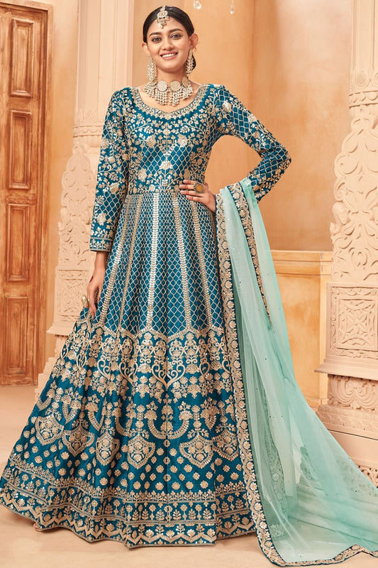 Blue Wedding Silk Designer Anarkali Suit Gown SFDFS23401
