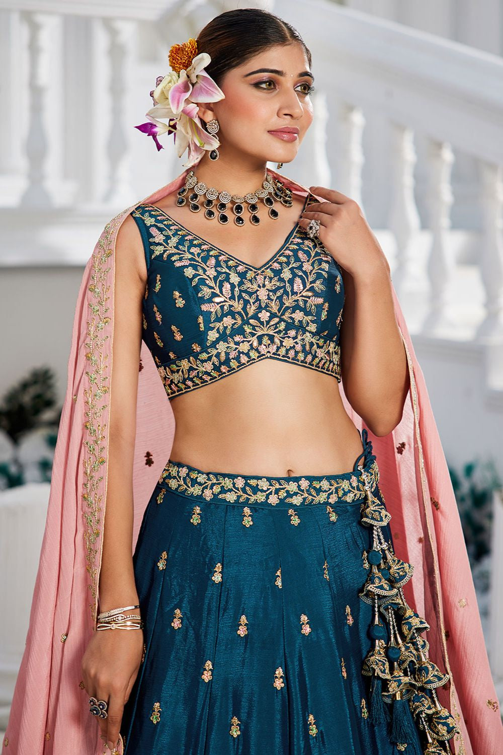 Blue Wedding Reception Chiffon Lehenga Choli In Chiffon SFFK28601