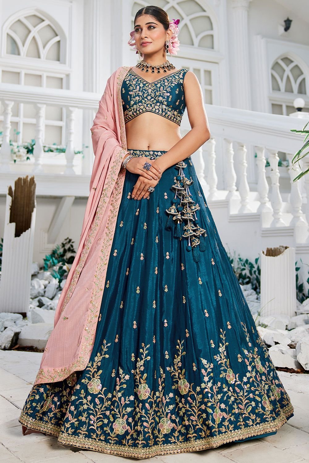 Blue Wedding Reception Chiffon Lehenga Choli In Chiffon SFFK28601