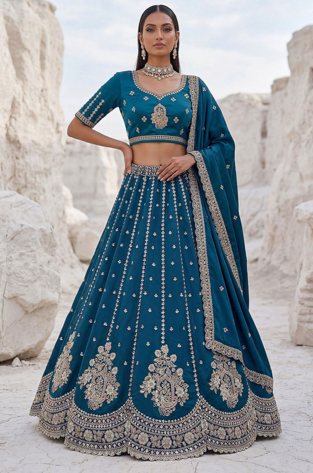 Firozi Silk Lehenga Choli - SFPRF279406