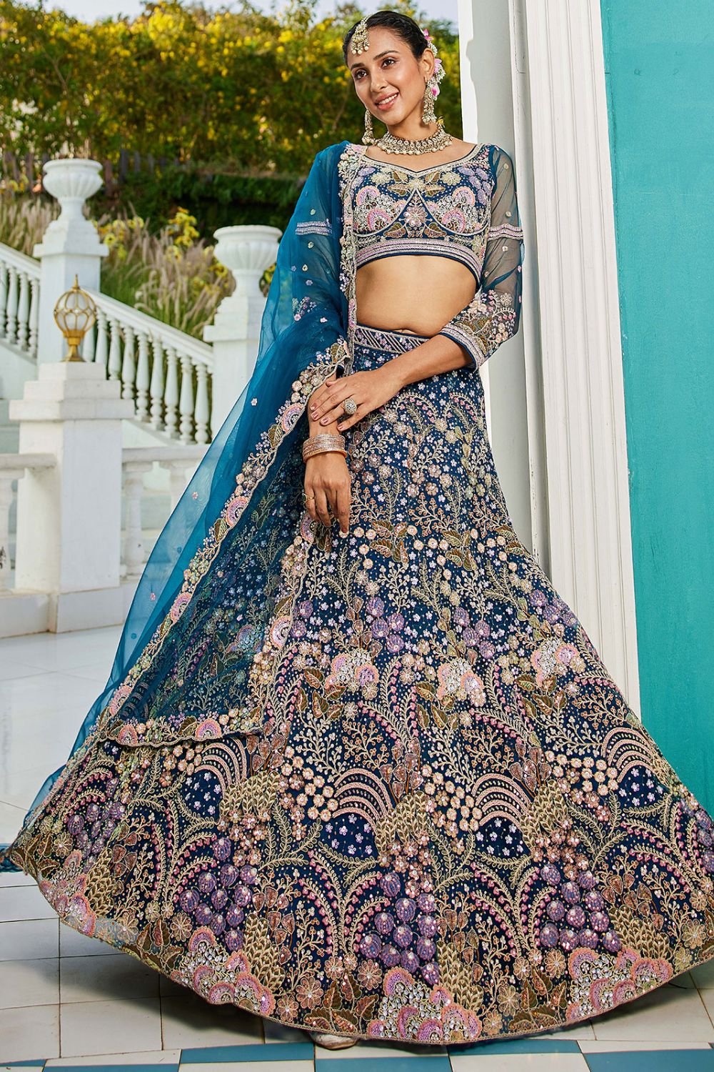 Blue Net Bridal Wedding Designer Lehenga Set SFROY509110