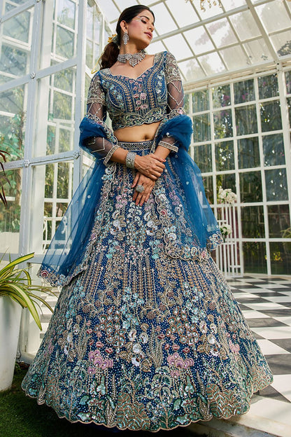 Blue Net Bridal Wedding Designer Lehenga SFROY509117