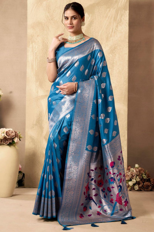 Blue Silk Peacock Print Pallu Saree With Blouse  SFSA501902