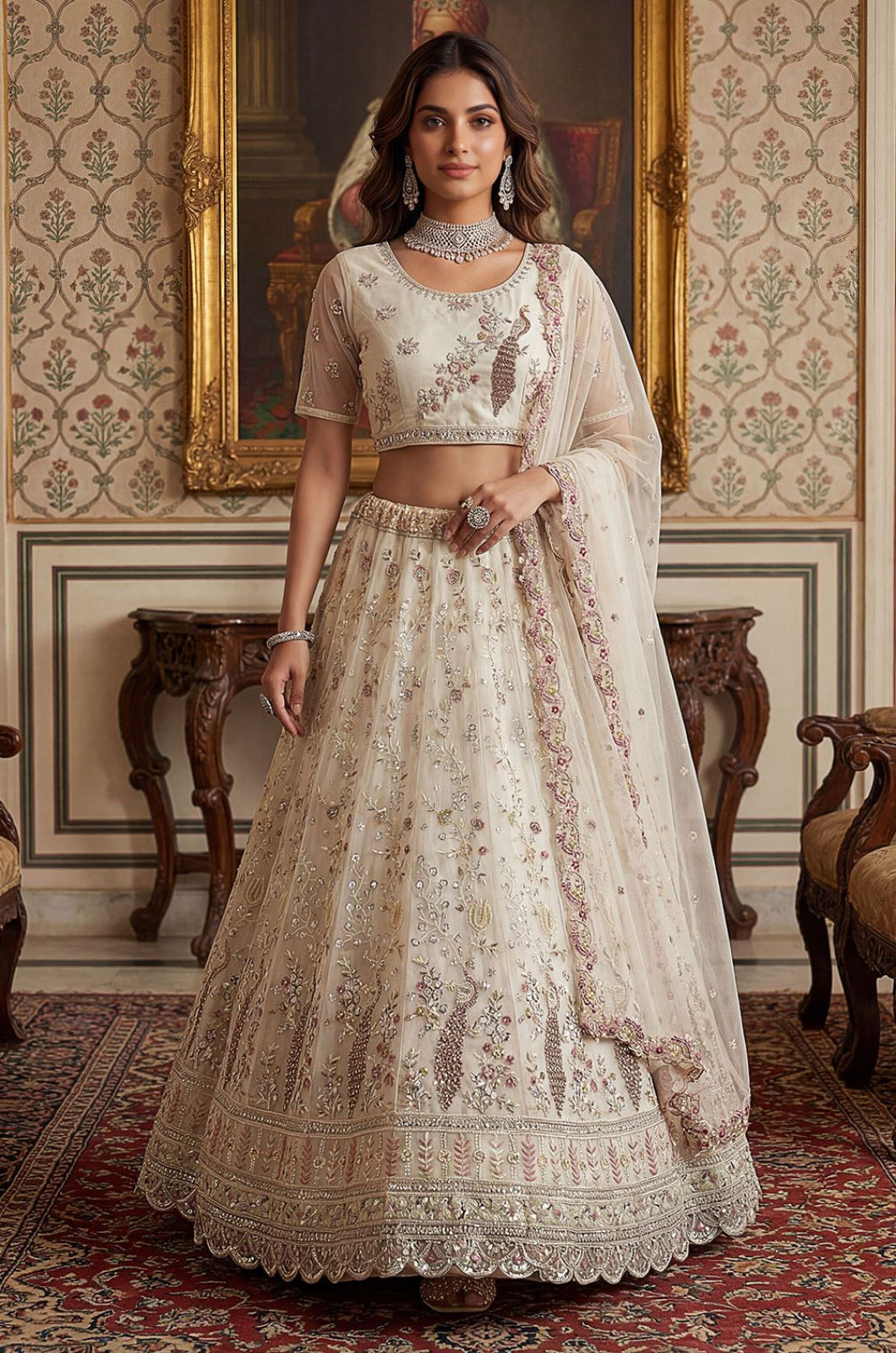 Off White Net Lehenga Choli - SFANJ3269