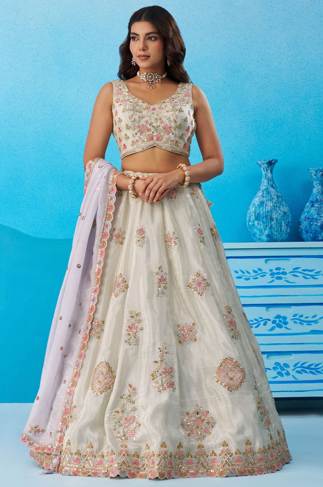 White Tissue Lehenga Choli - SFROY571801